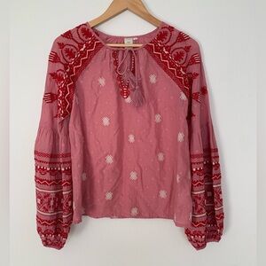 Seen POL Bohemian Boho Pink Red Embroidered Tie Women's Top